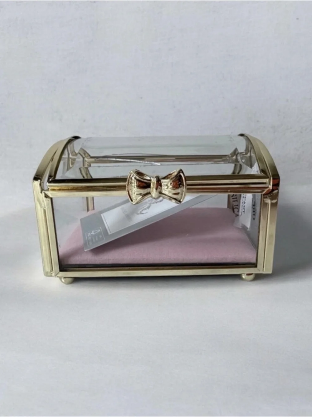 Gold trim and Glass Jewelry Box vintage style pink cushion